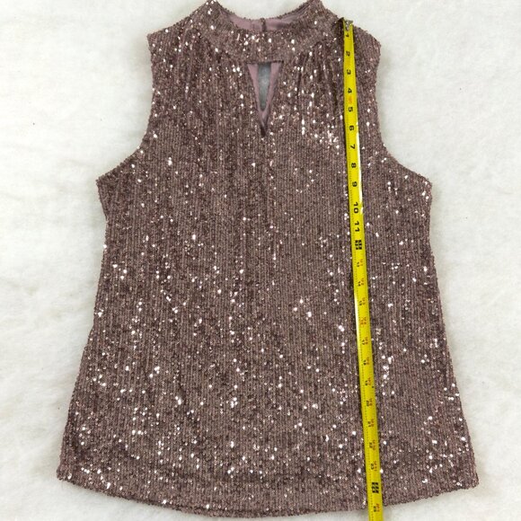 Rose Sequin Keyhole Tank Blouse Sleeveless Glam Barbie Holiday Metallic Romantic - Picture 3 of 10
